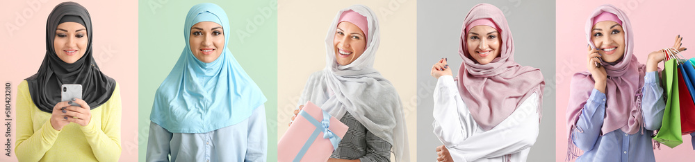 Set of happy Muslim women on color background Set of happy Muslim women on color background