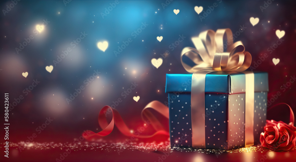 Gift box with bow on red background with bokeh. Based on Generative AI Gift box with bow on red background with bokeh. Based on Generative AI