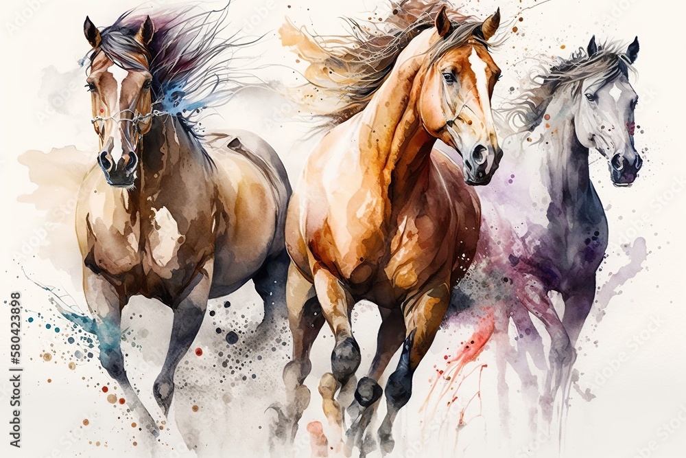 Fototapeta  Watercolor drawing of a running horses created by generative AI