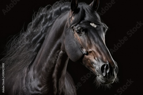 Portrait of a black horse in a studio against a black background. Generative AI