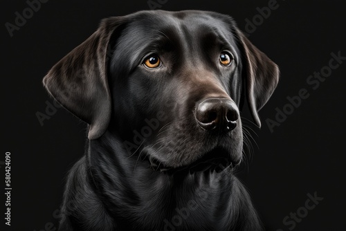 Portrait of a black Labrador dog against a black background. Generative AI