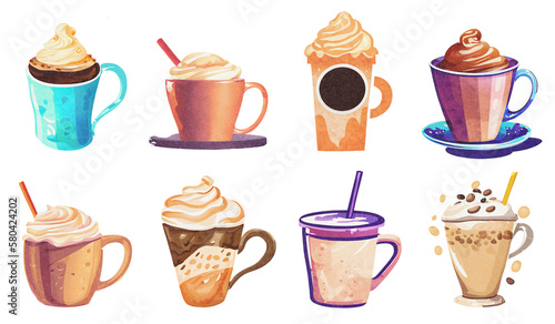 Cappuccino, Latte Coffee and Milkshake in Mug Watercolor Illustrations on Paper Texture Collection. Hand Painting Style Set. Isolated on White Background. Generative AI