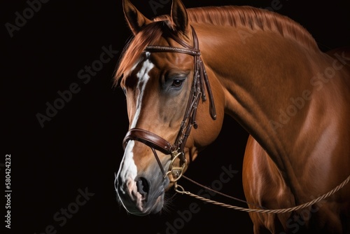 Portrait of a beautiful chestnut gelding dressage horse in a bridle, set against a black background. Generative AI