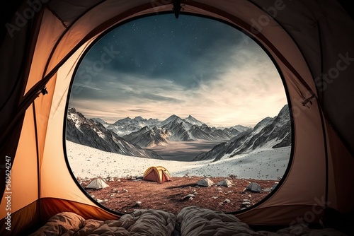 illustration, view from inside the tent with sleeping bags on a mountain hill, generative ai