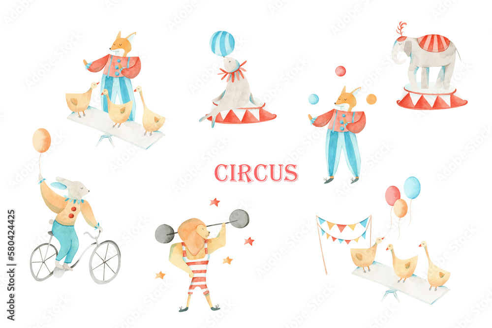 Watercolor Circus Illustrations - Nursery animals isolated png, postcards, baby shower invitations
