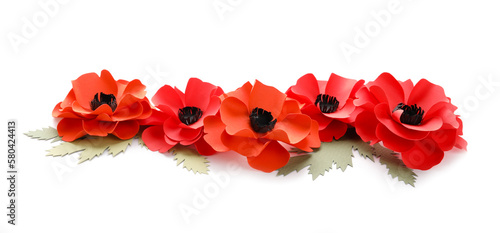 Paper poppy flowers with leaves on white background