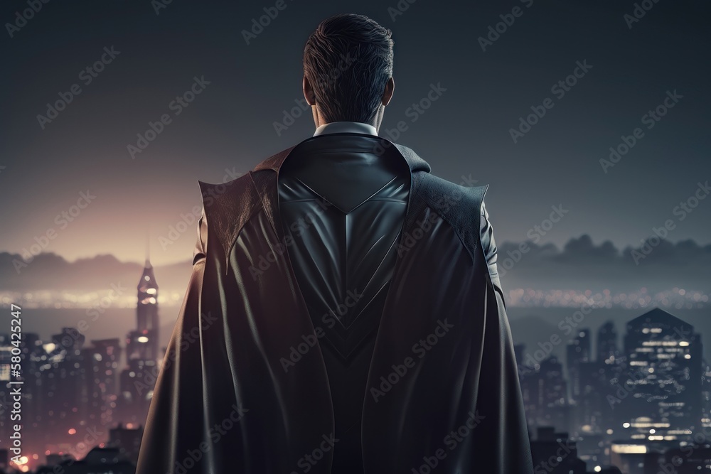 Businessman in suit and cape hero stand at rooftop looking great cityscape view and thinking business plan of the future. AI generation Businessman in suit and cape hero stand at rooftop looking great cityscape view and thinking business plan of the future. AI generation