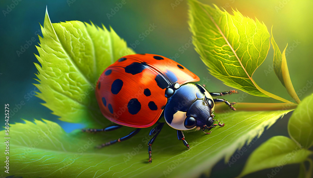 Fototapeta premium Ai Generated, Ladybug sitting on a flower leaf warm spring day on a leaf insect beetle.