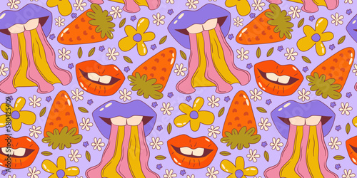 Trippy groovy flower seamles pattern. Retro groovy floral pattern with lips and strawberry. Psychedelic cartoon design. Summer seamless background. Vector illustration
