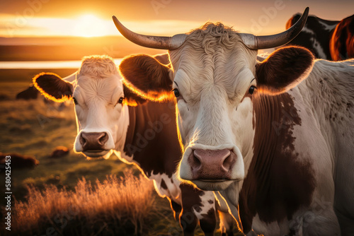 Cows herd on a grass field during the summer at sunset. A cow is looking at the camera sun rays. AI Generation