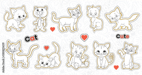 Fototapeta Naklejka Na Ścianę i Meble -  Set of cute valentine cat stickers collection printable animal sticker bundle with hand drawn cartoon character  style cat emotions vector design funny doddle pets illustrations for kids