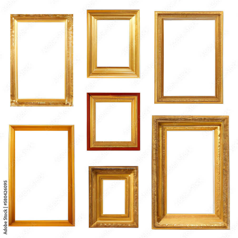Set of blank antique gold picture frame. Generative AI. Set of blank antique gold picture frame. Generative AI.