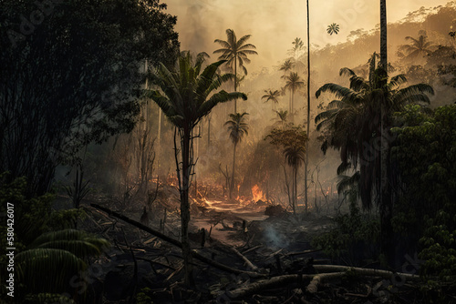 After the Sunset: Devastation of a Tropical Forest. Generative AI