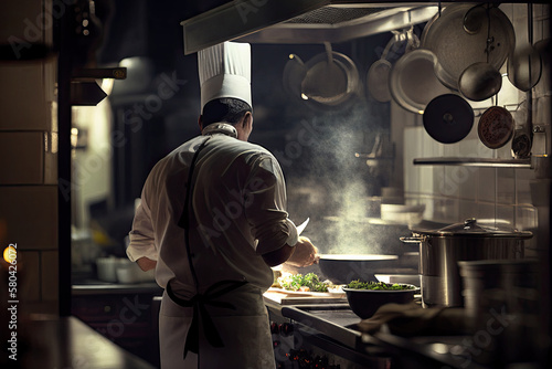 Chef cooking in restaurant kitchen interior. Back view of man in chef robe and hat cooks food on stove  an open flame in frying pan. Created with Generative AI