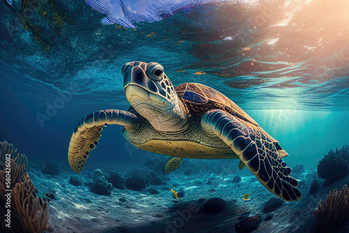 Sea turtle swimming underwater in blue ocean water. Created with Generative AI