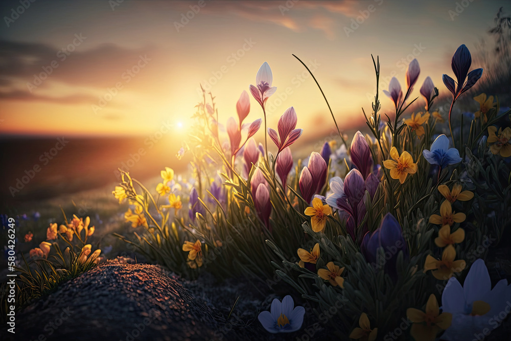Landscape with beautiful flowers in countryside at sunset. Blooming field. Created with Generative AI