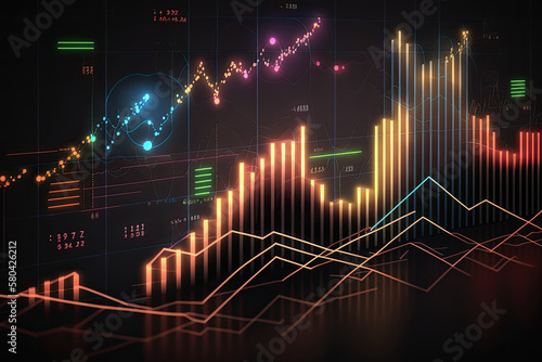 Financial digital graphs, glowing lines and diagram on digital screen. Data analytics for business strategy. Financial crisis and inflation. Created with generative AI