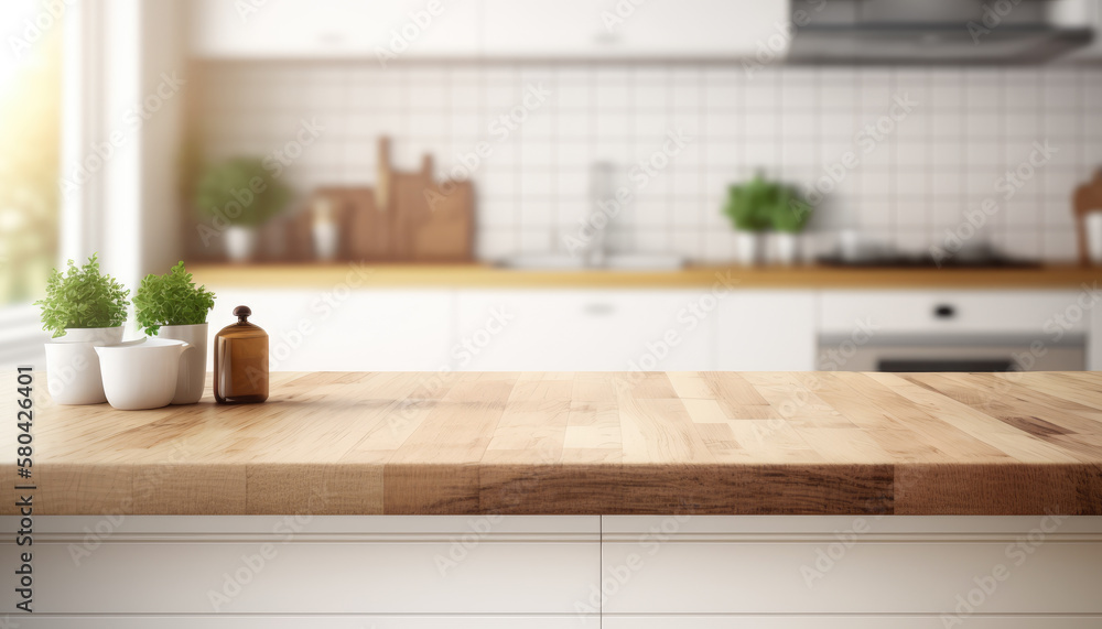 Fototapeta premium Wooden table with a defocused kitchen room. For montage product display. Copy space. Generative ai..
