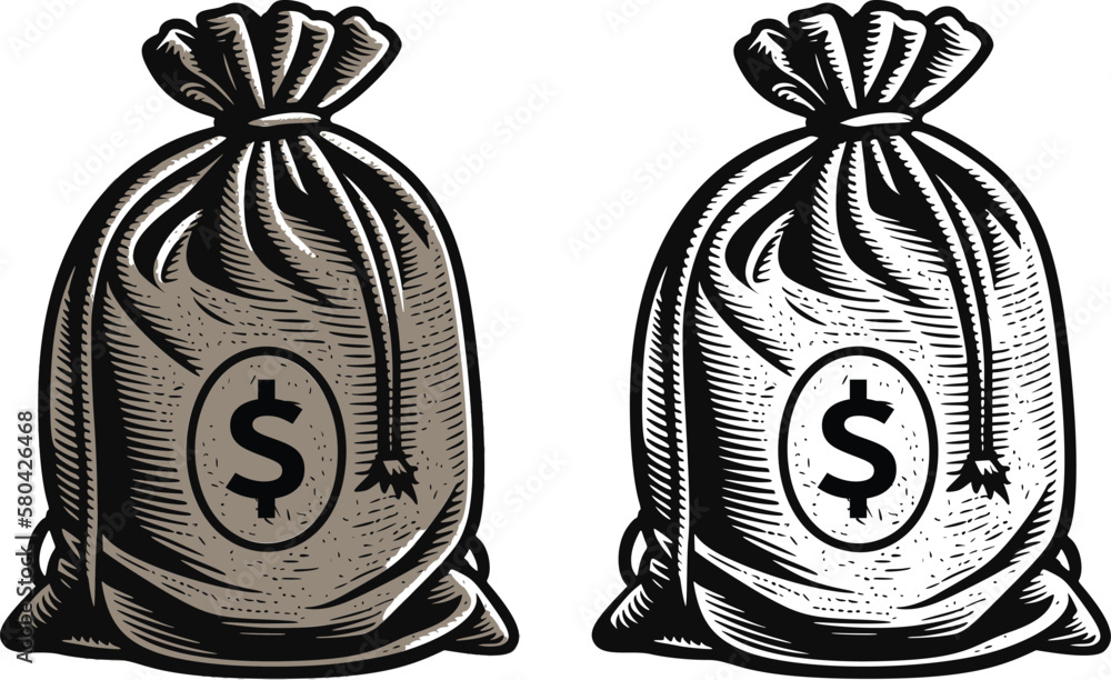 Money bag with dollar symbol. Hand drawn vintage engraving style
