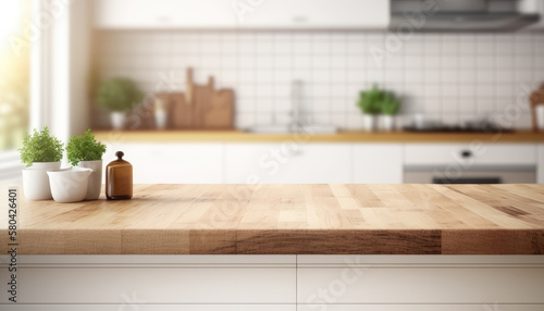 Wooden table with a defocused kitchen room. For montage product display. Copy space. Generative ai.. © Achira22