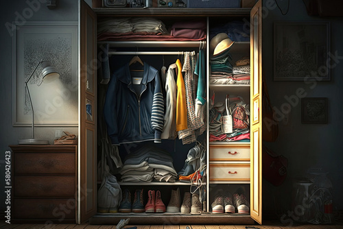 Closet with neatly laid out clothes. Interior of wardrobe with clothes on shelves. Created with Generative AI