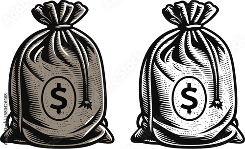 Money bag with dollar symbol. Hand drawn vintage engraving style woodcut vector illustration.