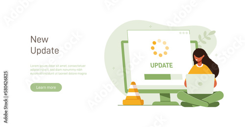 System or web application upgrade procedure. Concept of software version update or renewal process indication. Man and phone. Flat colorful vector illustration for banner, poster. 