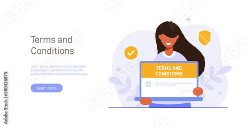 Contract illustration . Character gets acquainted with the legal document, electronic contract or agreement online. Person reads and signs the terms of the contract. Flat vector illustration.