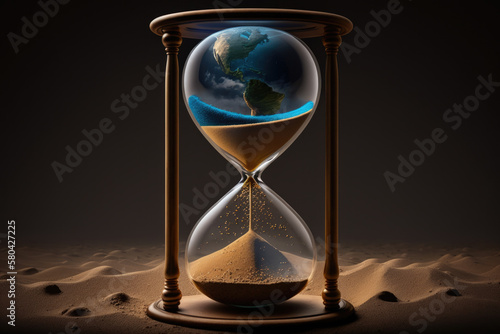 Earth planet in hourglass, Global warming concept, Earth day, Earth hour,generative ai.
