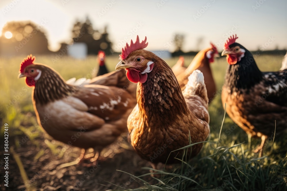 Fototapeta premium Chickens at a traditional free-range poultry farm. a flock of chickens grazing on the grass. AI Generation