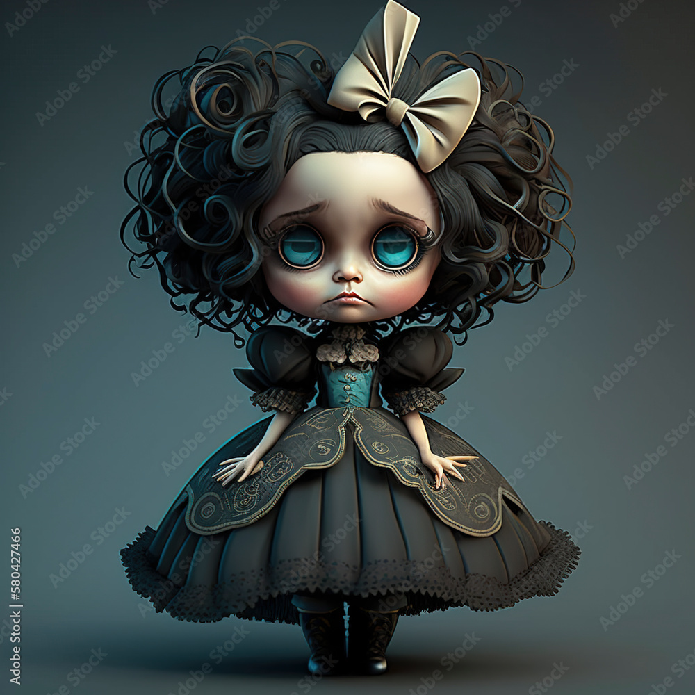 Goth girl with big eyes that looks like a doll with big head created ...