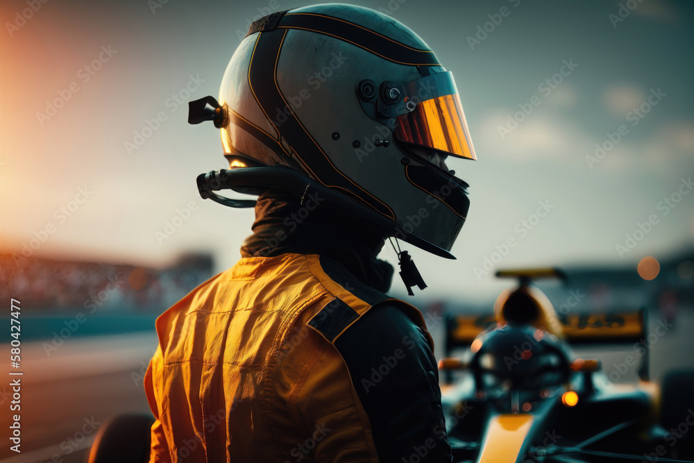 Obraz premium Formula one racing. Driver in helmet before start of competition. AI generated