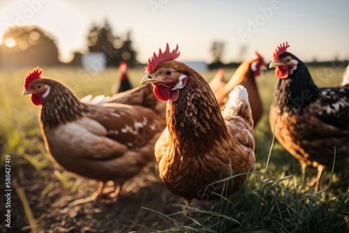 Chickens at a traditional free-range poultry farm. a flock of chickens grazing on the grass. AI Generation