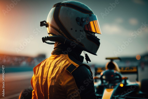 Formula one racing. Driver in helmet before start of competition. AI generated