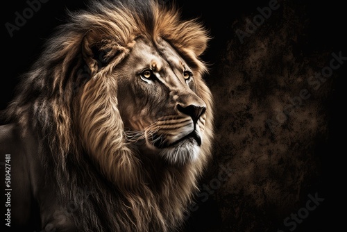 Picture of a lion on black. Detail face lion. Portrait of a lion of high quality. A picture of an animal. Generative AI