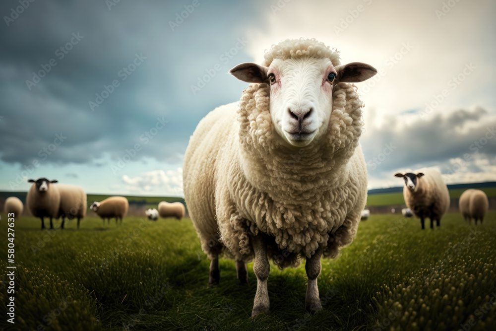 Sheep graze the pastures in mountain. Herd of sheep and lambs grazing grass on cloudy day. AI Generation Sheep graze the pastures in mountain. Herd of sheep and lambs grazing grass on cloudy day. AI Generation