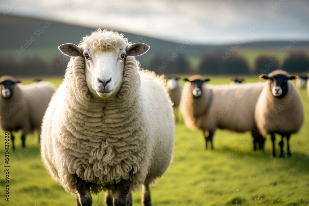 Sheep graze the pastures in mountain. Herd of sheep and lambs grazing grass on cloudy day. AI Generation Sheep graze the pastures in mountain. Herd of sheep and lambs grazing grass on cloudy day. AI Generation