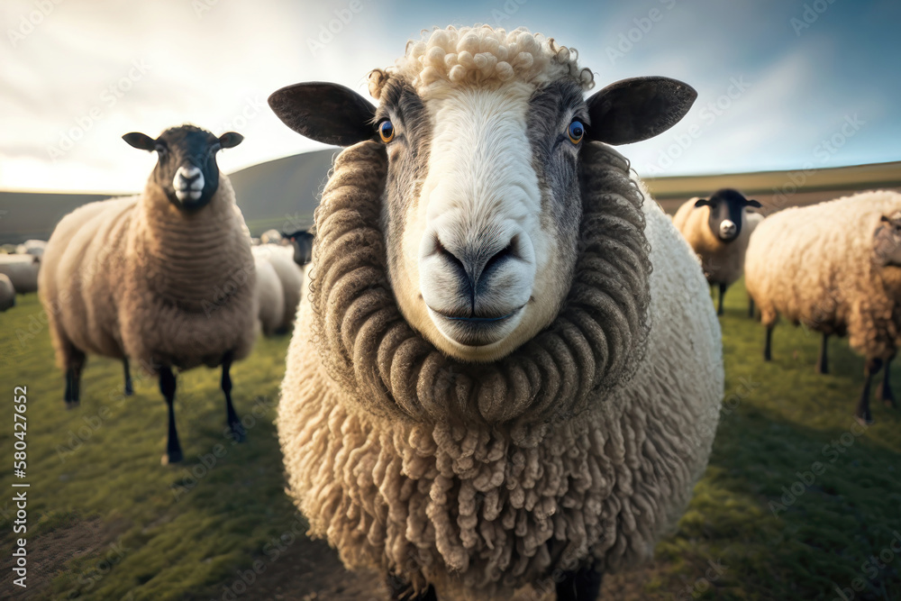 Fototapeta premium Sheep graze the pastures in mountain. Herd of sheep and lambs grazing grass on cloudy day. AI Generation