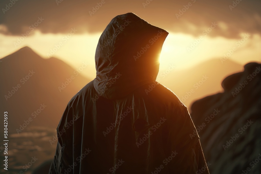 Creative background, Silhouette of business man with a raincoat, Businessman on the background of a beautiful, golden sunset. AI Generation Creative background, Silhouette of business man with a raincoat, Businessman on the background of a beautiful, golden sunset. AI Generation