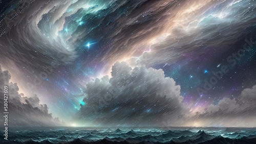 Starry Tempest  A night sky alive with swirling storms  A tempest of wind and rain  Amidst the chaos  stars twinkle bright  A dance of light and dark  A mesmerizing sight to behold.