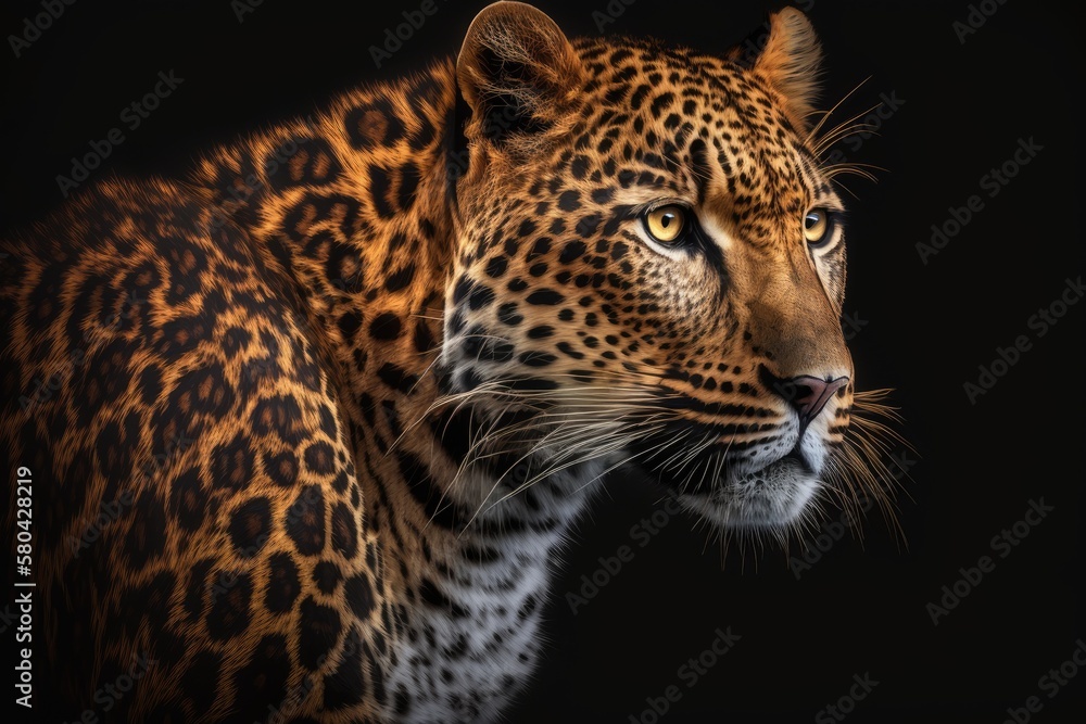 Obraz premium Panthera pardus is a beautiful leopard portrait on a black background. Generative AI