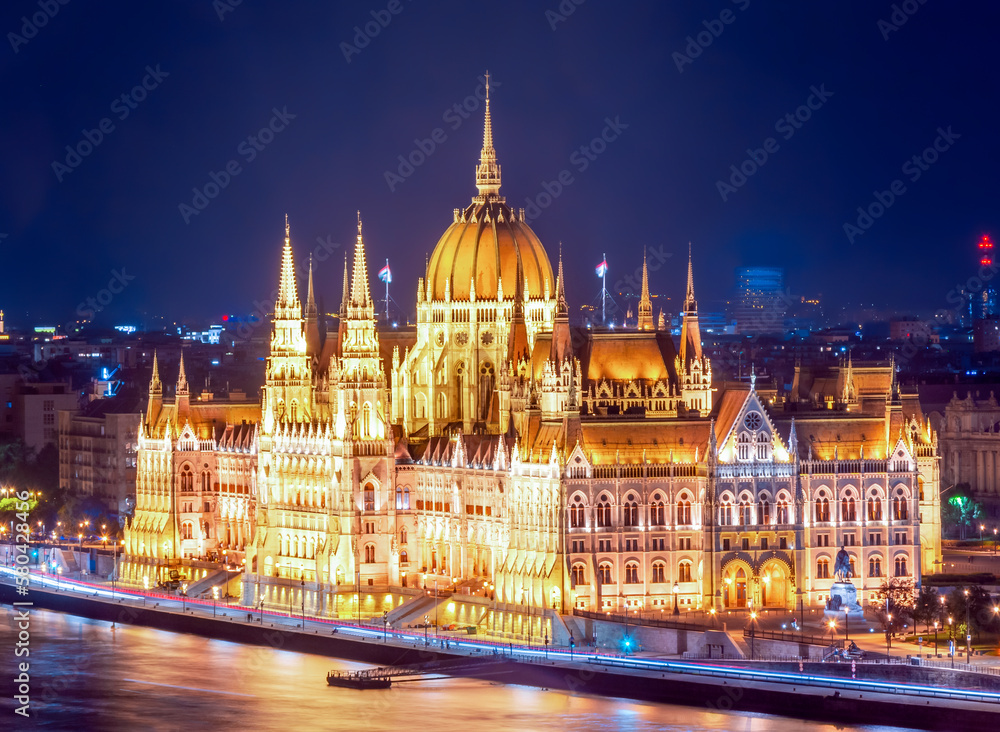 Hungarian Parliament building at night, Budapest, Hungary