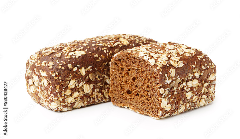 Fresh loaves of rye bread with various seeds isolated on white background Fresh loaves of rye bread with various seeds isolated on white background