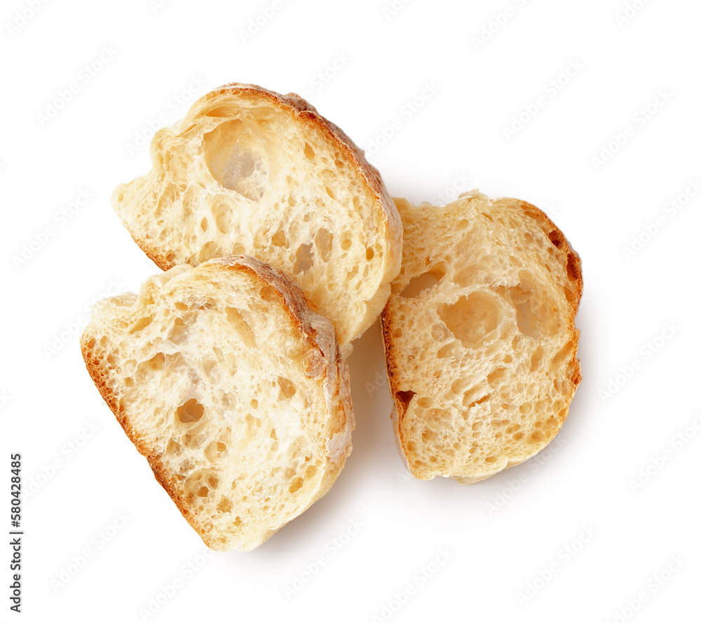 Pieces of fresh baguette isolated on white background Pieces of fresh baguette isolated on white background