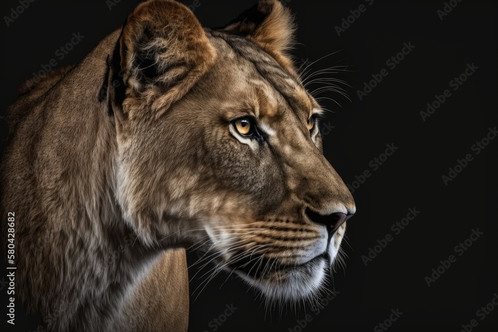 Fototapeta premium On a black background, there is a picture of a lioness. Very pretty lioness. Close up of a lioness in Africa (Panthera leo). Generative AI