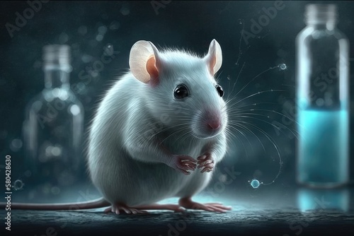 On a scientific background, a white lab rat. Generative AI photo
