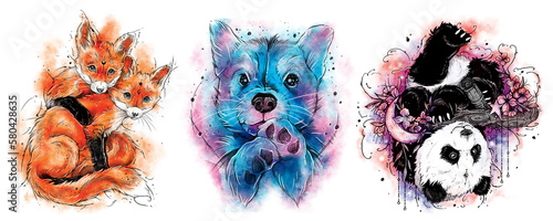 A set of cute animals stylized for watercolor painting. A cute little puppy, cuddling foxes and a panada hanging from a tree. Colorful illustration (ID: 580428635)