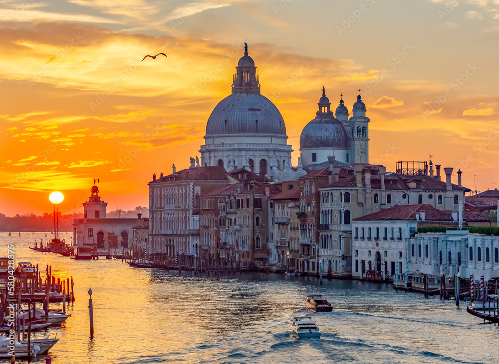 Venice Grand canal and Santa Maria della Salute church at sunrise, Italy - obrazy, fototapety, plakaty 