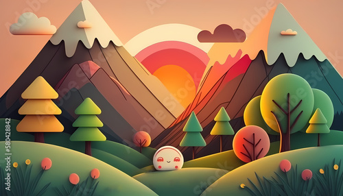 Illustrative drawing of mountains and some trees. Multicolored cartoon style. Generative AI.