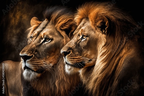 Majestic African lion couple in love with their pride of the jungle Powerful African wild animal in nature. Generative AI